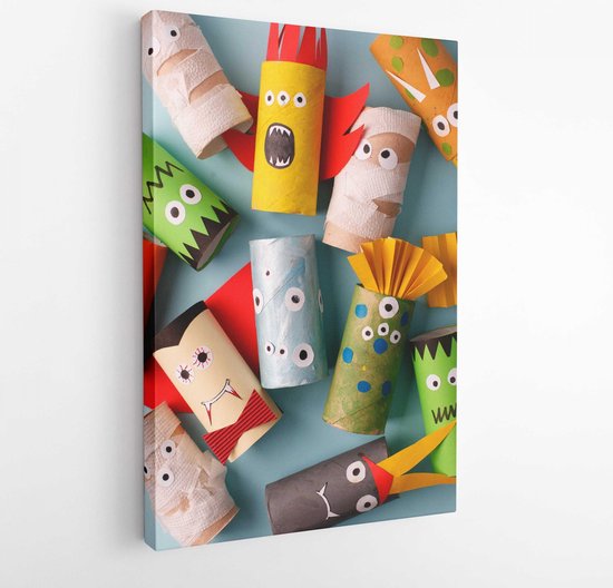 Halloween monsters doll from toilet paper tube roll. Creative DIY for kids. Home decor for party. Paper handie crafts inspiration. Eco-friendly reuse recycle idea - Modern Art Canvas-Vertical - 1473253163 - 50*40 Vertical