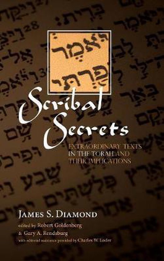 Boek "Scribal Secrets" met Hebreeuwse tekst en de titel in witte sierletters. De ondertitel "Extraordinary Texts in the Torah and Their Implications" staat kleiner in het midden.