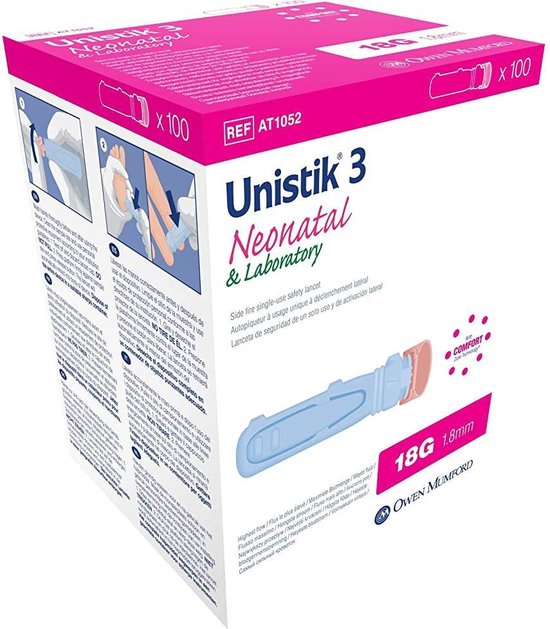 Unistik 3 veiligheidslancet Neonatal & laboratory 100 stuks (bloedglucose meten) + GRATIS naaldencontainer