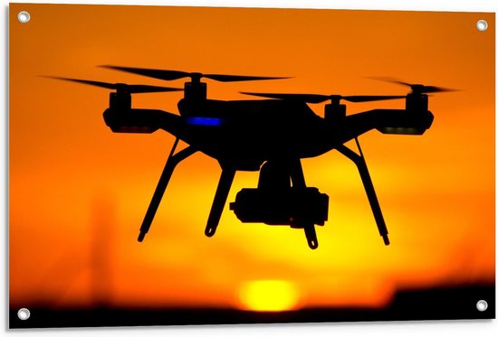 Tuinposter – Silhouet van Drone bij Zonsondergang - 90x60cm Foto op Tuinposter  (wanddecoratie voor buiten en binnen)