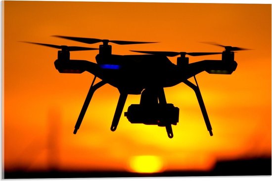 Acrylglas - Silhouet van Drone bij Zonsondergang - 60x40cm Foto op Acrylglas (Met Ophangsysteem)