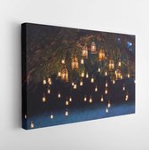 Night wedding ceremony with a lot of vintage lamps and candles on big tree  - Modern Art Canvas  - Horizontal - 675232714 - 115*75 Horizontal