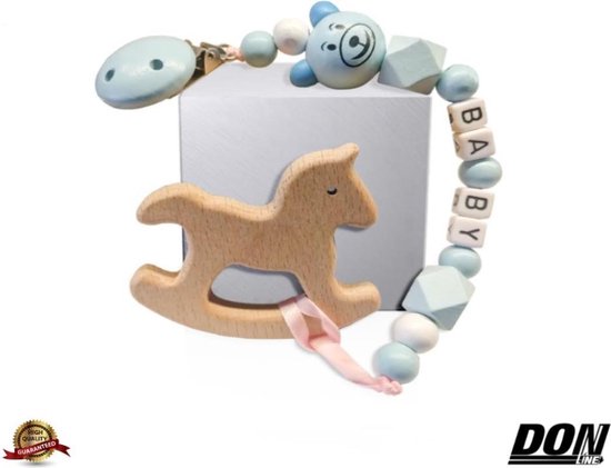 Foto: 1 x blauw houten kralen speenkoord babyfopspeenketting fopspeenketting baby bijtring anti drop beukenhout fopspeen riemclip spenenketting baby pacifier cord babyshower kraam cadeau 1 x houten bijtring hobbelpaard