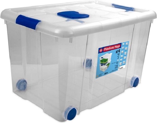 Opbergboxen/opbergbox met deksel en wieltjes 55L kunststof  transparant/blauw - 59 x 40... | bol.com