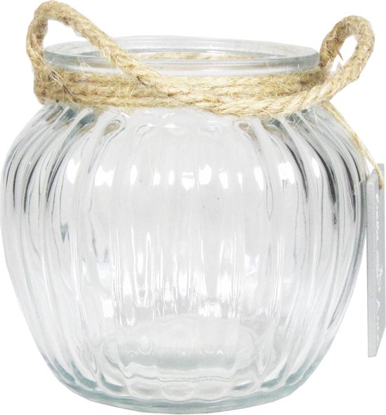 Glazen ronde windlicht Ribbel 2 liter met touw hengsel/handvat 15 x 14,5 cm - 2000 ml - Kaarsen/Waxinelicht