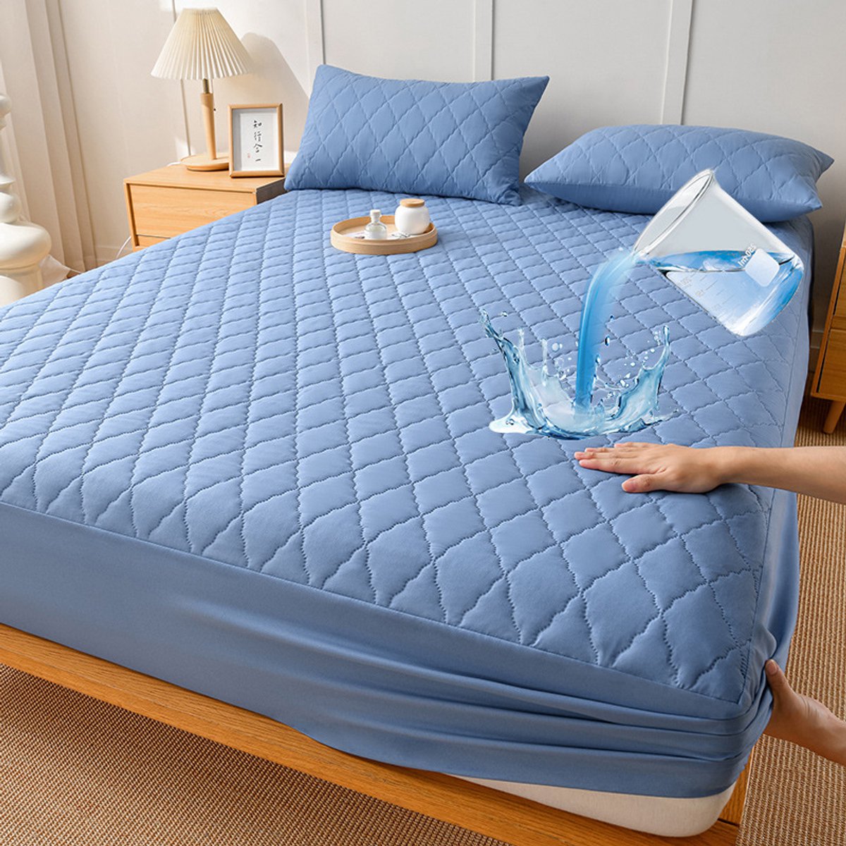 Waterdichte matrashoes en kussensloopset, matrasbeschermer, waterdicht TPU-membraan, eenvoudig te installeren, ademend en elastisch, zacht en comfortabel, wasbaar,Lichtblauw,140x200cm