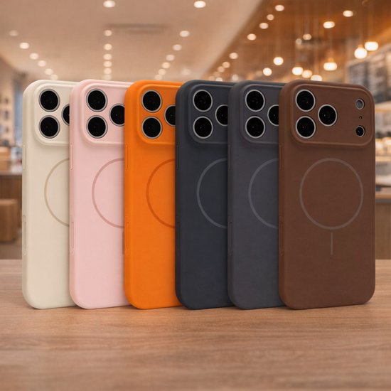 Cinq coques de téléphone alignées : crème, rose, orange, gris foncé et marron. Toutes avec un cercle magnétique et une découpe caméra.