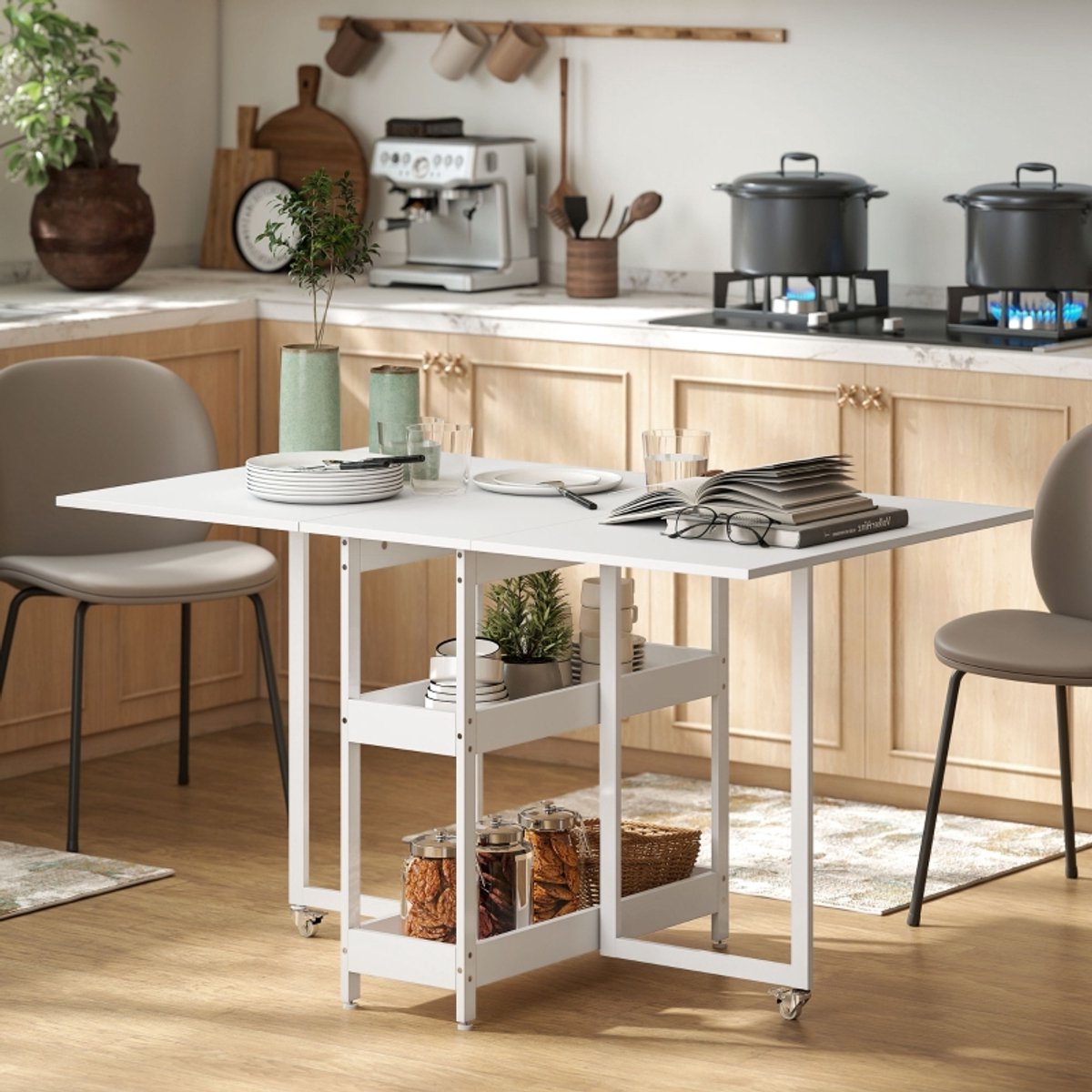 STILVORA Eettafel - Klapbaar Met Open Opbergvakken En Wielen - Voor Keuken En Kleine Ruimt