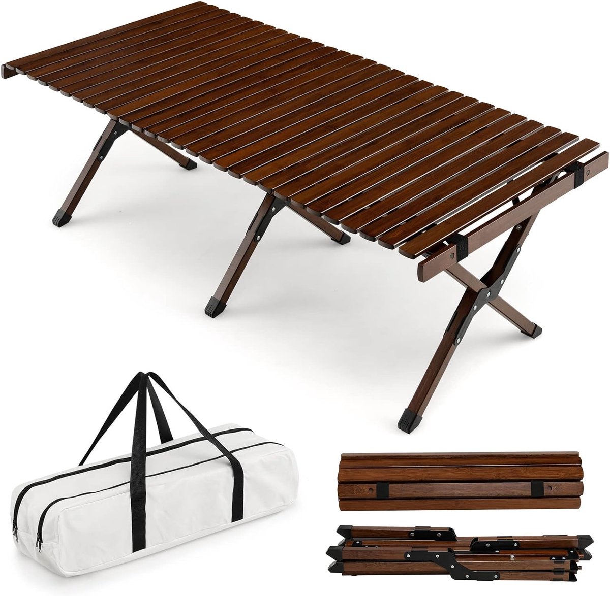 KOMFOTTEU Klaptafel voor buiten, picknicktafel van bamboe, voor 4-6 personen, draagbare tafel met tas, draagkracht van 50 kg, 122 x 60 x 43,5 cm, bruin