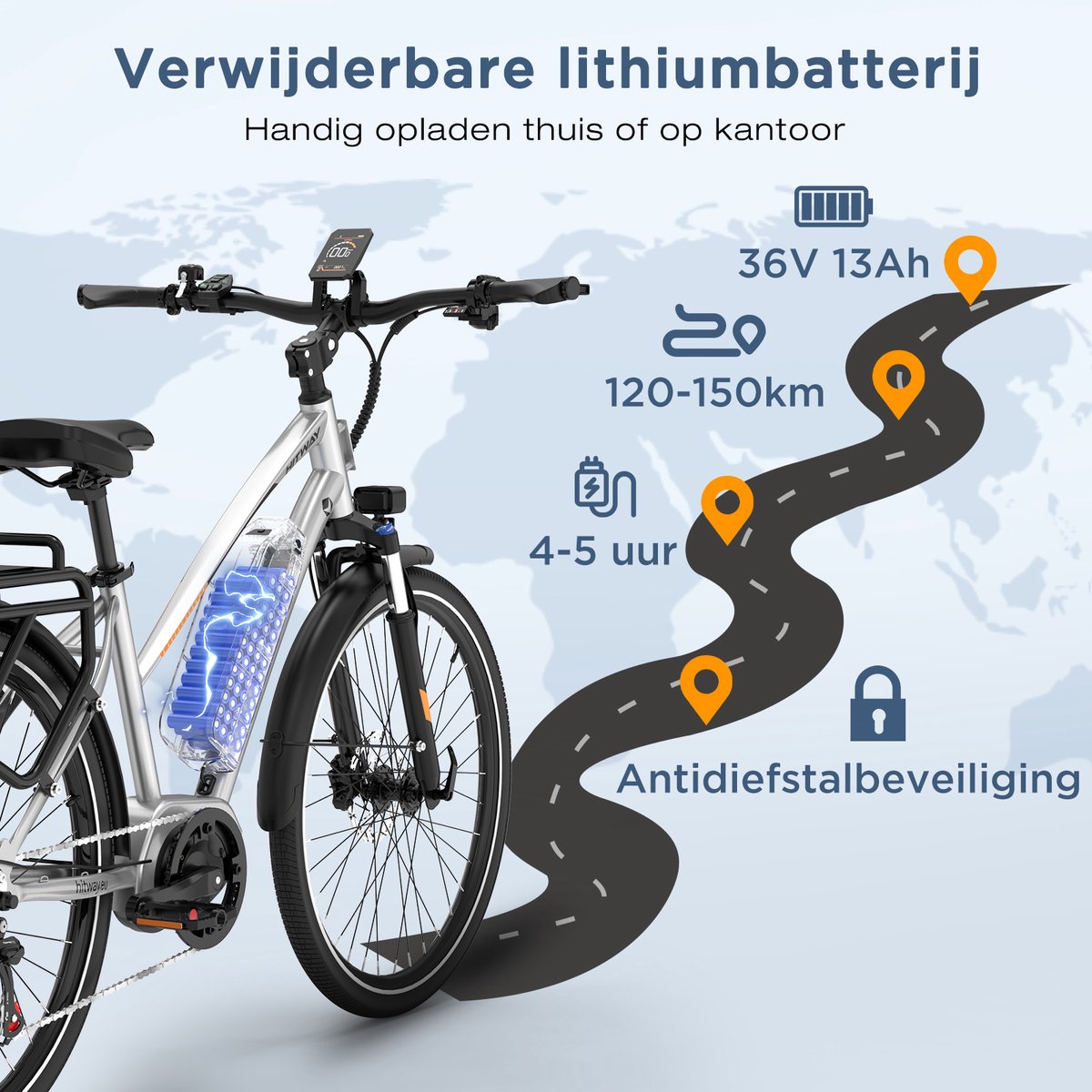 Hitway Elektrische Fiets BK U1 - E-Bike met 250W Middenmotor - 27.5*2.2 Inch City Commuter EBike met Afneembare 36V 13Ah Lithium Batterij - 7 Versnellingen - IP54 Waterdicht – foto 4