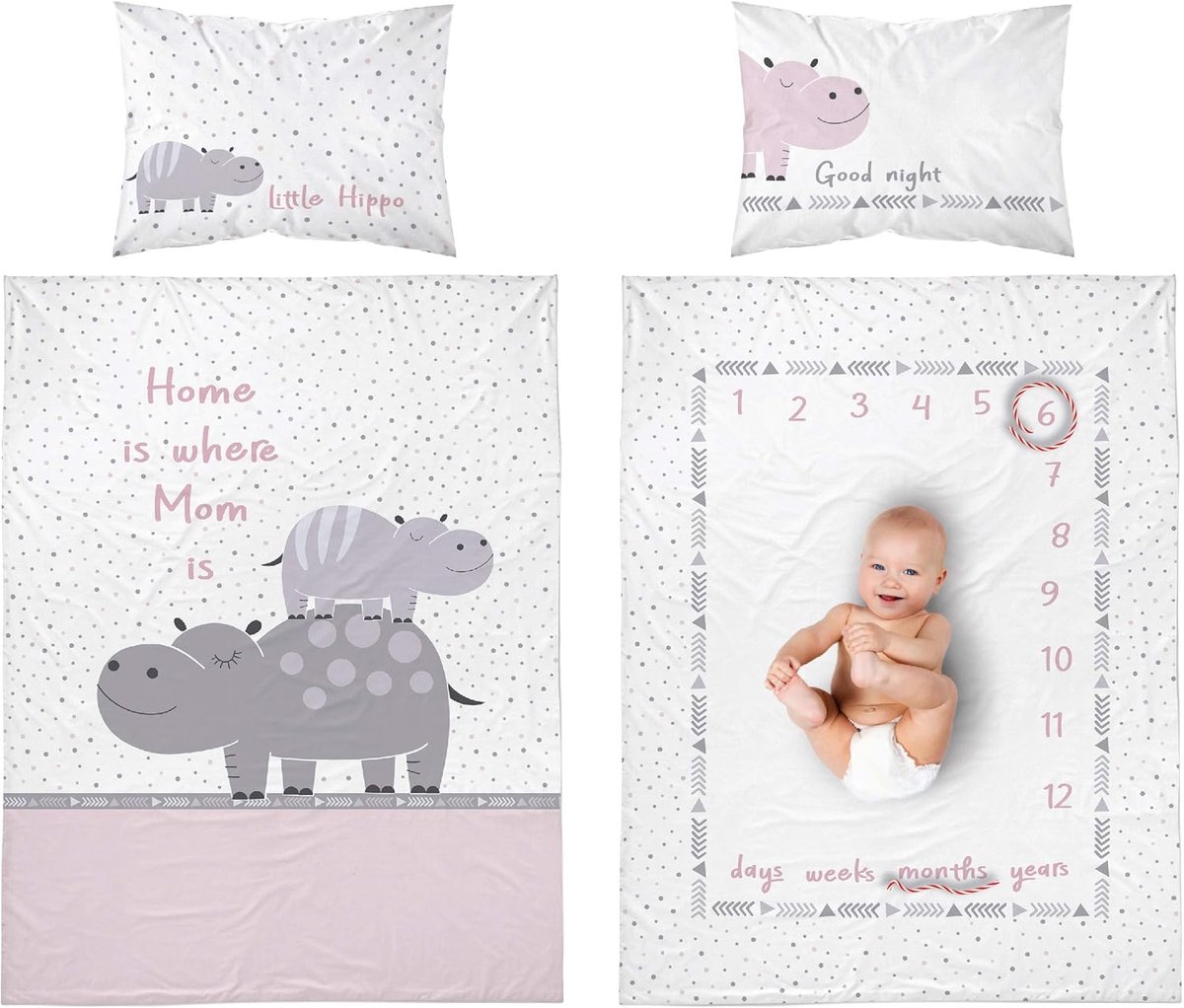 Baby beddengoed set - Ledikant lakens - Lekker slapen - Huidvriendelijk katoen - 100x135 cm - Nijlpaard roze