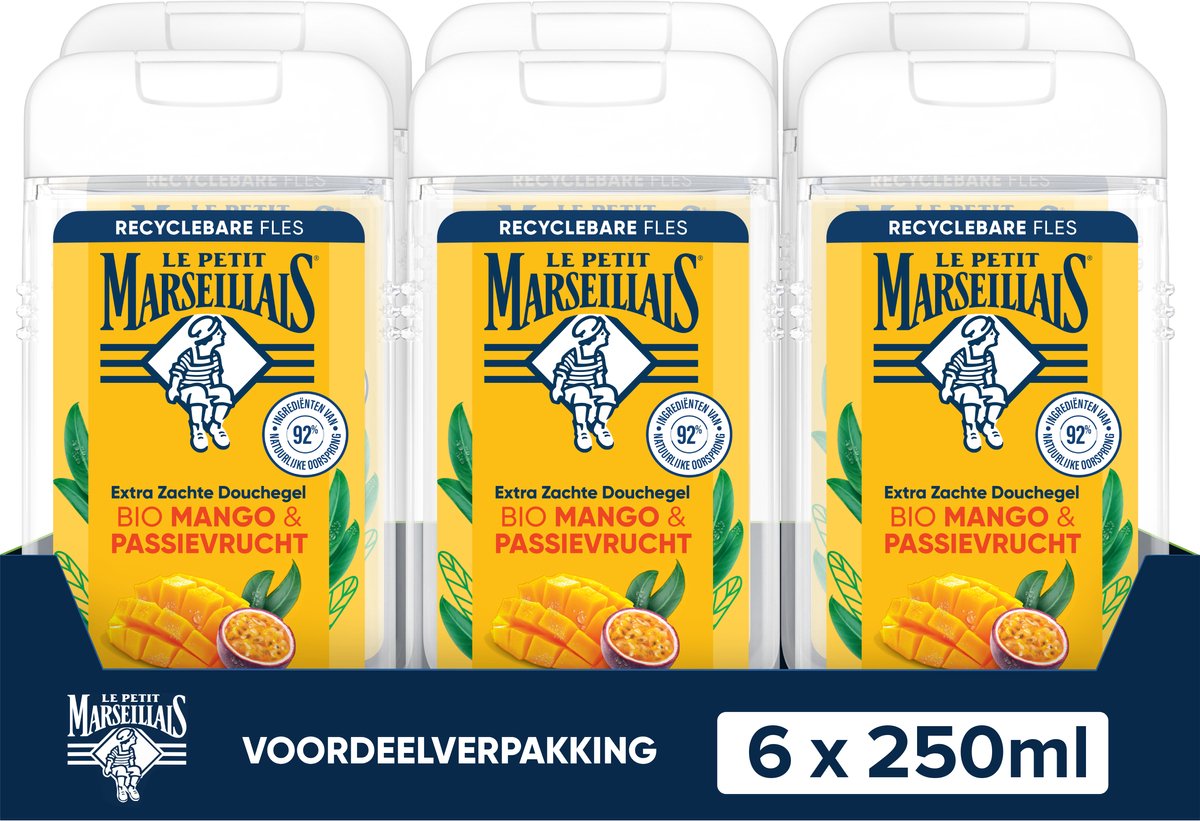 Le Petit Marseillais extra zachte douchegel bio mango en passievrucht, dermatologisch en pH-neutraal voor de huid, 6x250ml