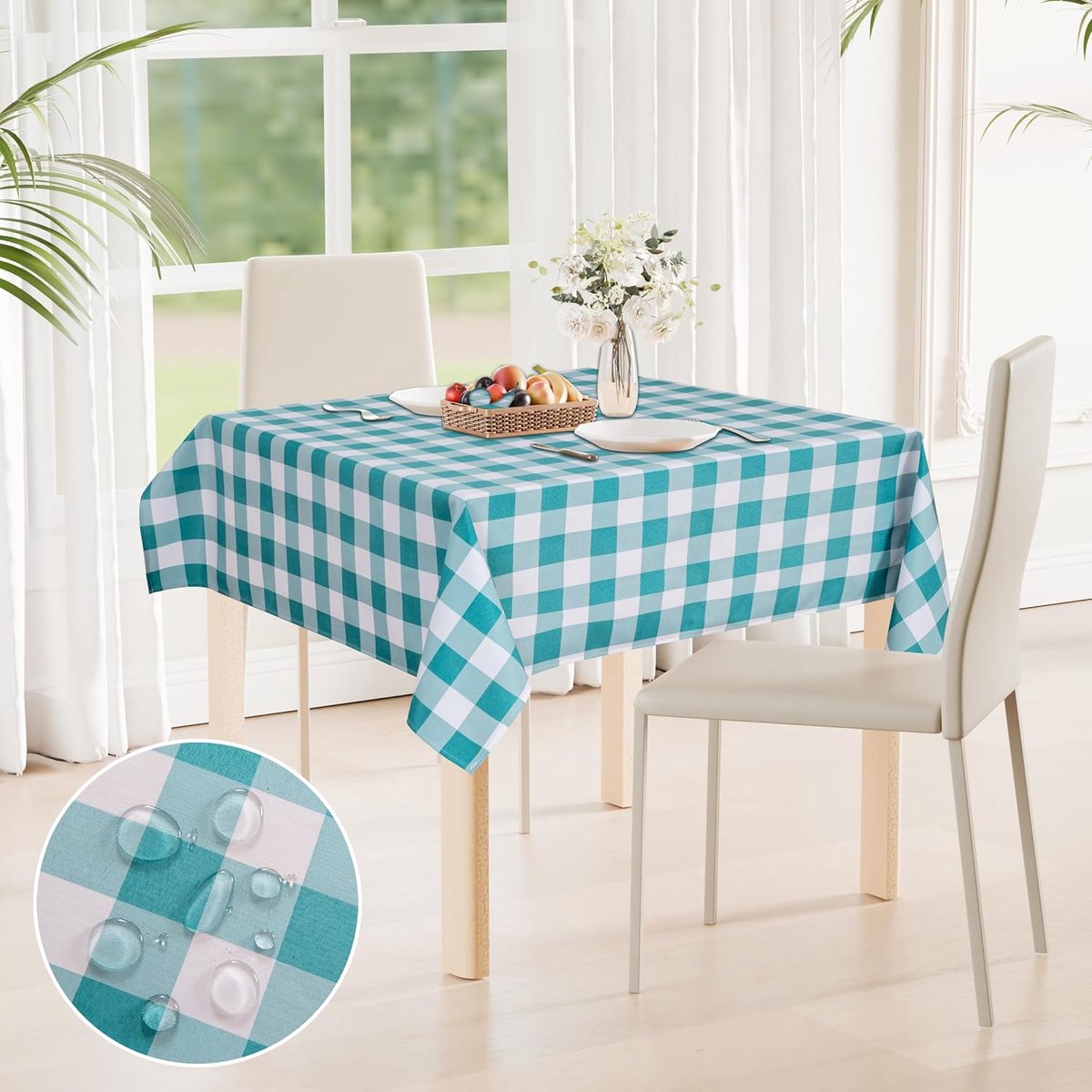 Waterdicht Geruit Tafelkleed Wasbaar Voor Buiten en Binnen Aqua Wit 90 x 90 cm