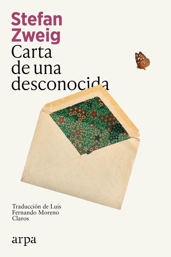 Boekomslag met de titel "Carta de una desconocida" van Stefan Zweig, met een envelop met bloemenpatroon en een vlinder.
