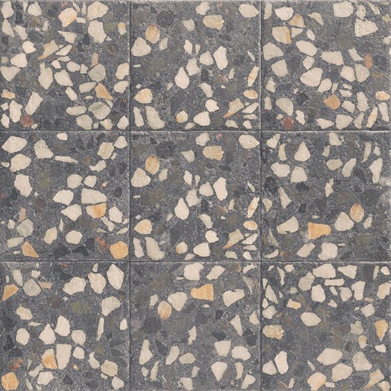 Donkere terrazzo look tegels met witte, beige en oranje spikkels.