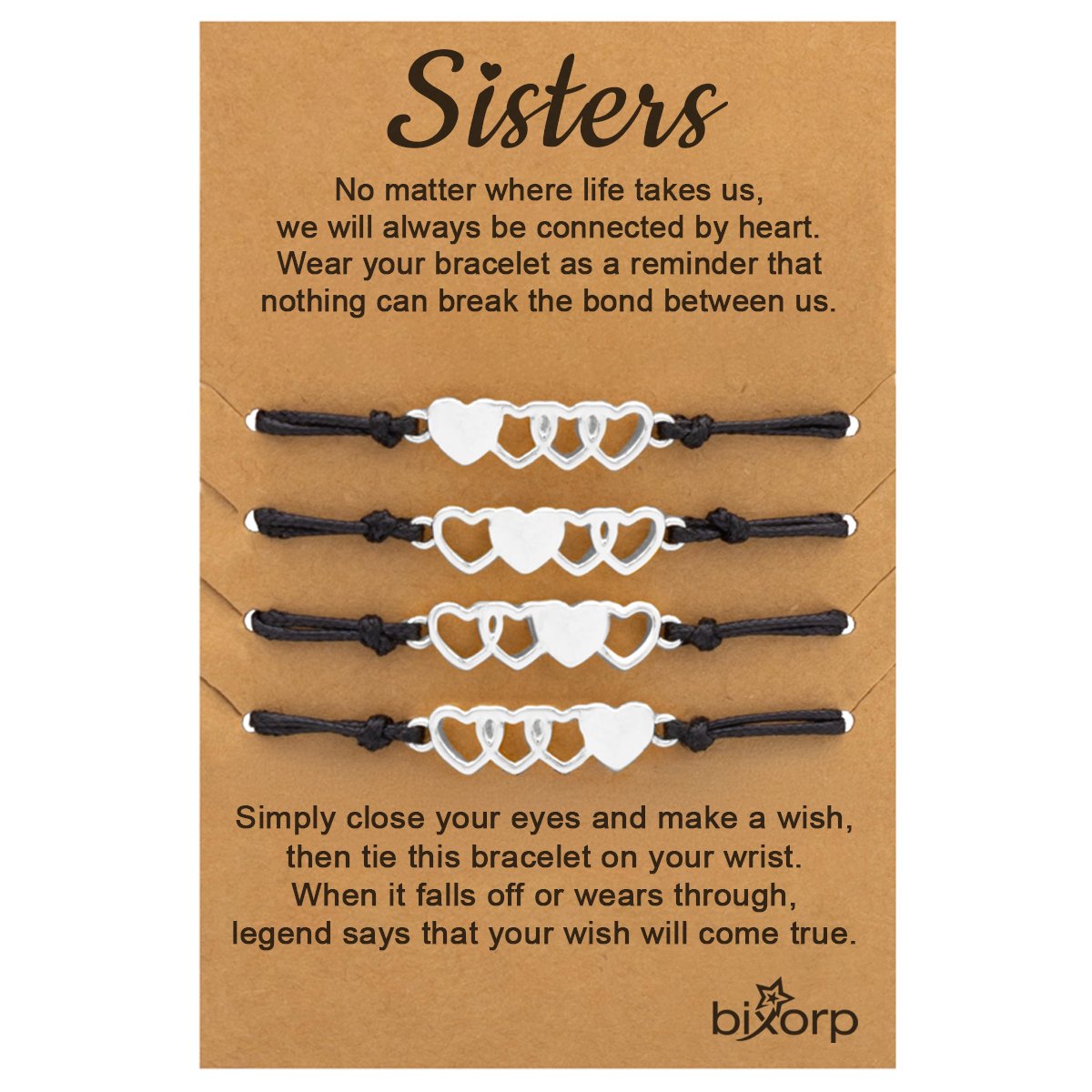 Bixorp Friends Vriendschapsarmbandjes voor 4 met Zilverkleurige Hartjes - BFF Armband Meisjes - Best Friends Armband Vriendschap Cadeau voor Vier