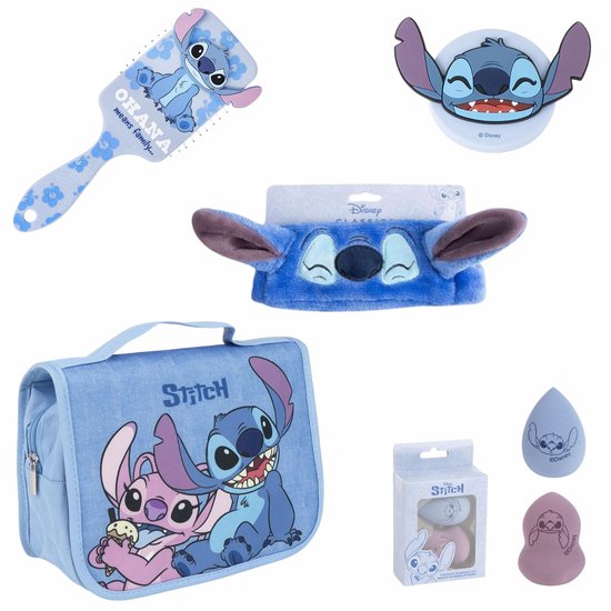 Disney Stitch Beautyset Meisjes – 5-delige Cadeauset met Toilettas, Haarband, Haarborstel, Spiegel en Make-up Sponsjes