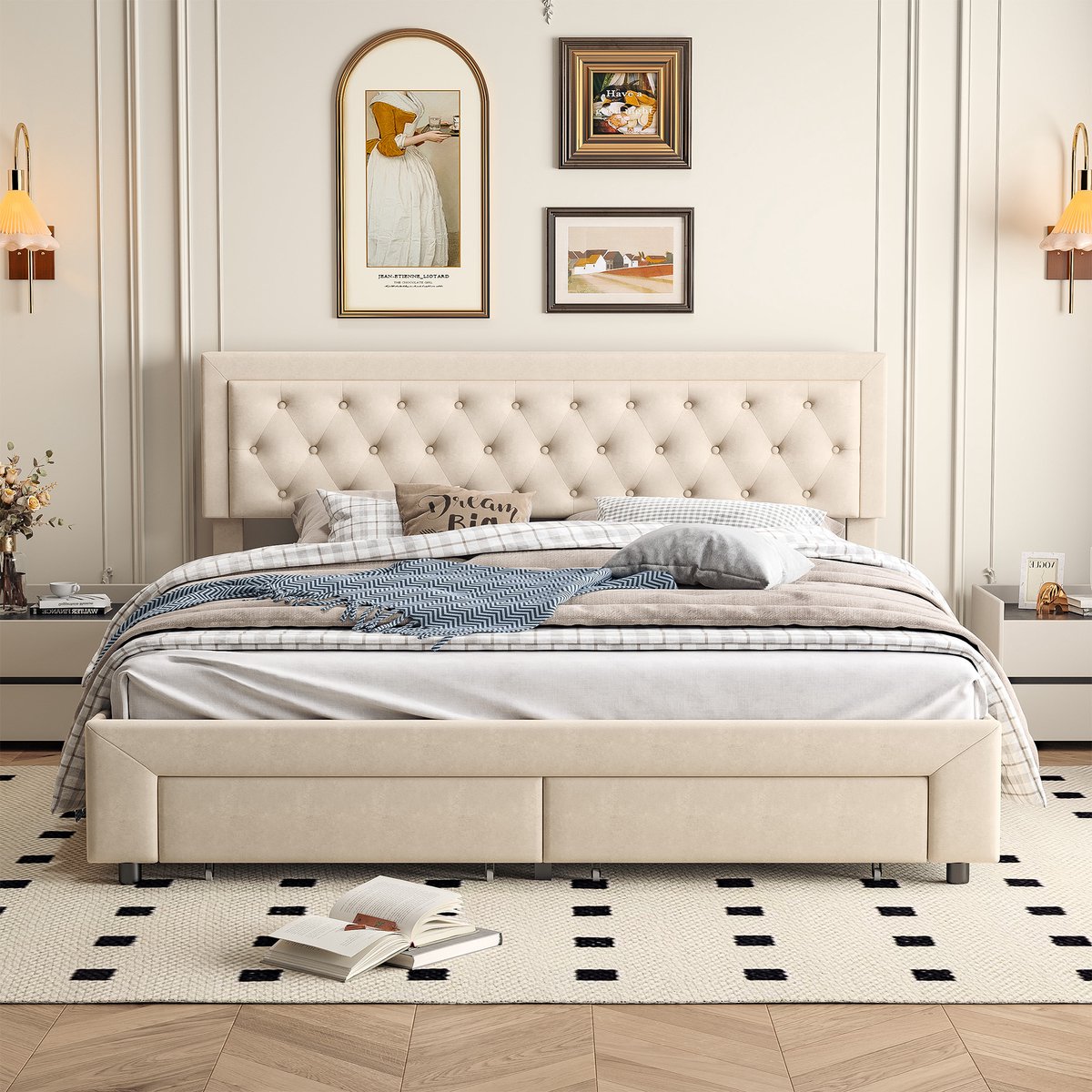 Opbergbed 160x200 met Lades – Fluwelen Bedframe met Capitonné Hoofdbord – Beige
