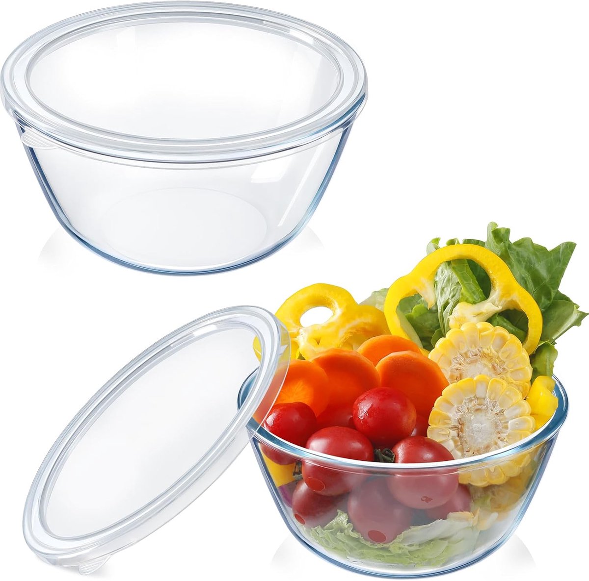 Set van 2 Glazen Saladekommen met Deksel - 15,5 cm - 1 Liter