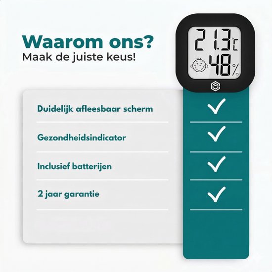 Ease Electronicz Hygrometer - Weerstation - Luchtvochtigheidsmeter - Thermometer Voor Binnen - Incl. Batterij en plakstrip