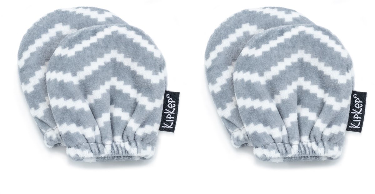 KipKep Baby wantjes (ook Antikrab) - 2 paar - Silver Grey, grijs chevron, nicky katoen velour - Voordeelpak