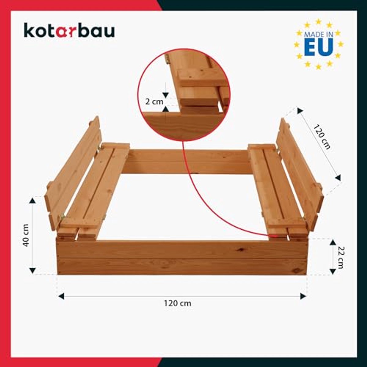 KOTARBAU® Houten Zandbak, 120 x 120 cm, Bruin, Zandbak met Deksel, en Bankjes, Met Grondzeil, Geïmpregneerd, Buitenspeelgoed — afbeelding 3