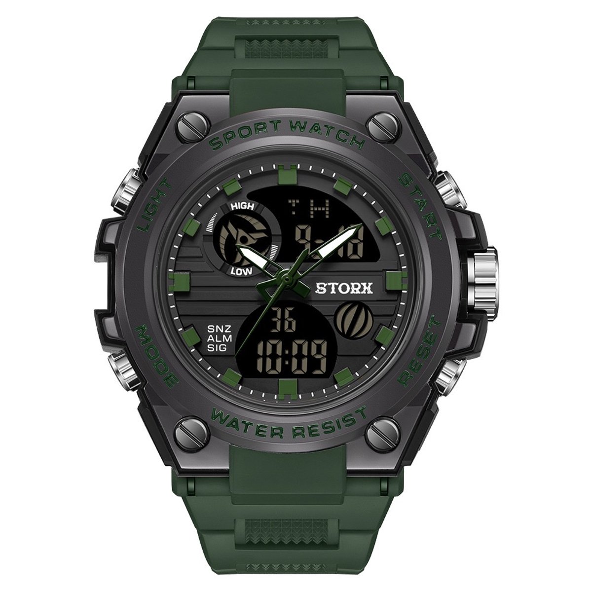 Stoer Herenhorloge - Groen - Analoog Digitaal - Storx - Rubber Band - Waterbestendig - Chronograaf - Alarm - LED Licht