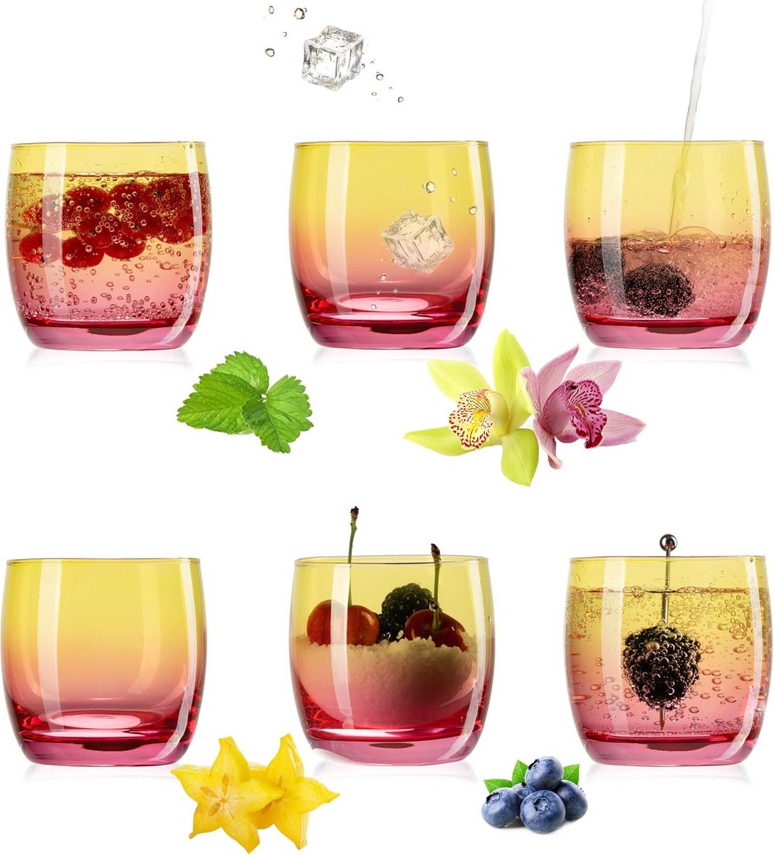 Set van 6 Gekleurde Drinkglazen - Geel Roze Glas - Waterglazen & Sapglazen 200 ml