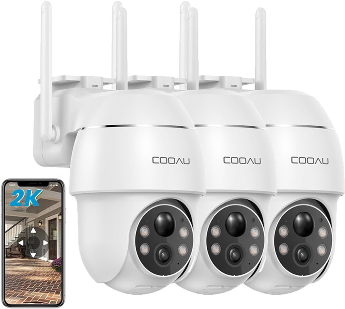 COOAU Q02 Beveiligingscamera buiten - 2K QHD - 355° Horizontaal & 90° Verticaal - Geen Maandelijkse Kosten - App - IP66 Waterdicht - Wifi IP Camera - 3Stuks