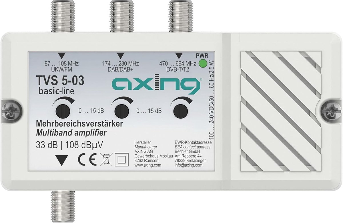 Meervoudige Antenneversterker 3-voudig met 33 dB Versterking voor Radio FM DAB+ en TV DVB-T2