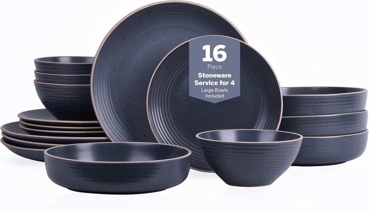 16-Delige Steengoed Servies Set voor 4 Personen - Houtskool Kleur