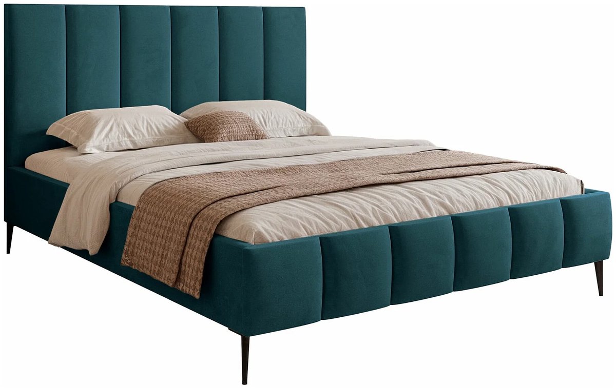 Gestoffeerd Opbergbed 180x200 cm Turquoise Fluweel met Verticaal Hoofdbord en Lattenbodem – Luxe Tweepersoonsbed met Grote Opbergruimte en Metalen Poten – Sarafino Design – Abkantoor