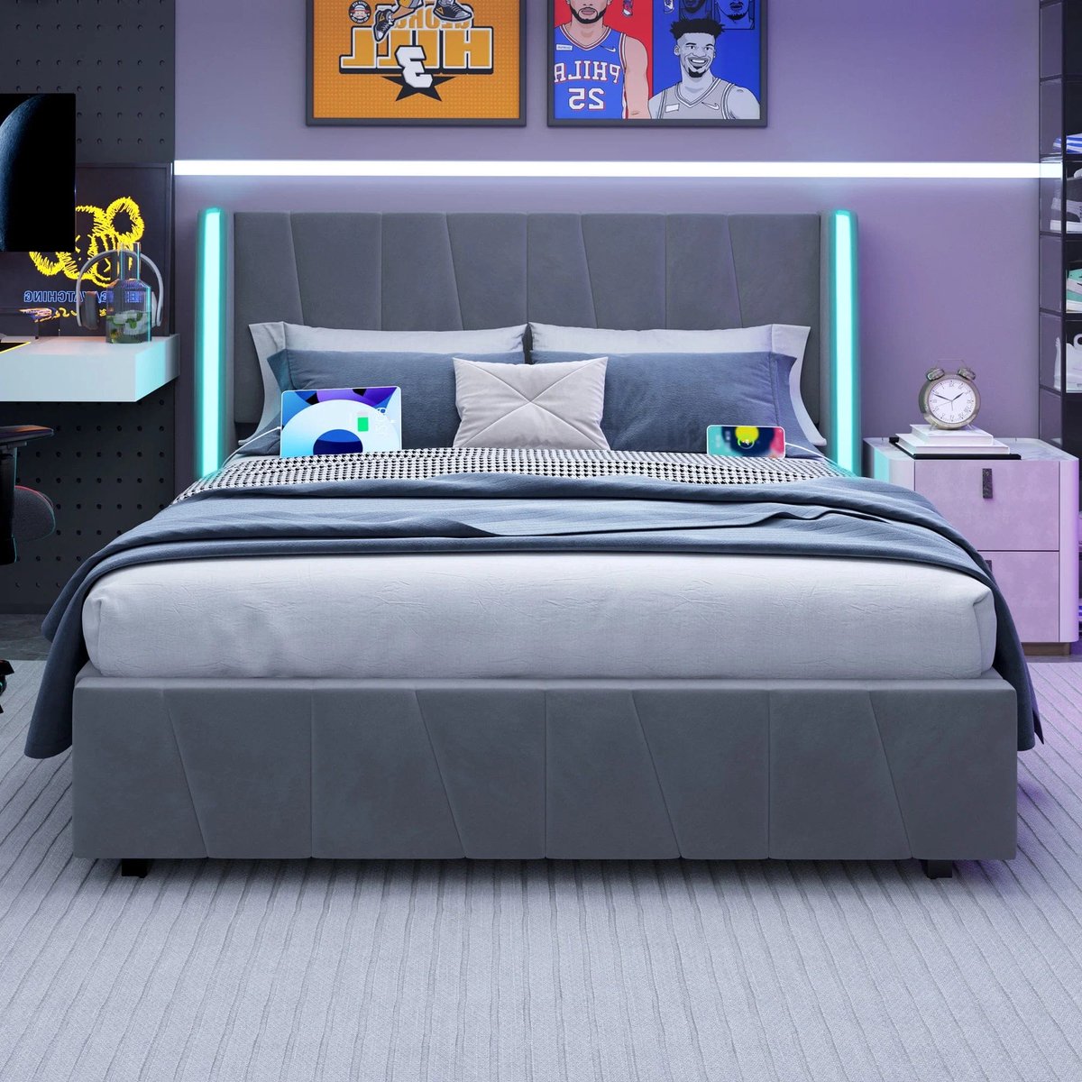 Bedframe 160x200 – Tweepersoonsbed – Boxspring – Bedombouw – Slaapkamermeubel – Fluweelstof Bekleding – Hydraulische Opbergruimte – USB Poorten – LED Sfeerverlichting