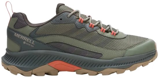 Chaussure de randonnée Merrell verte Gore-Tex avec lacets orange, vue latérale.