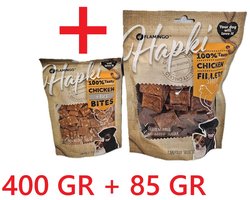 flamingo hapki hondensnack - chicken filet kort 400 gr + chicken and rice bites 85 gr trainingssnack - glutenvrij - geen toegevoegde suiker - lekker en gezond