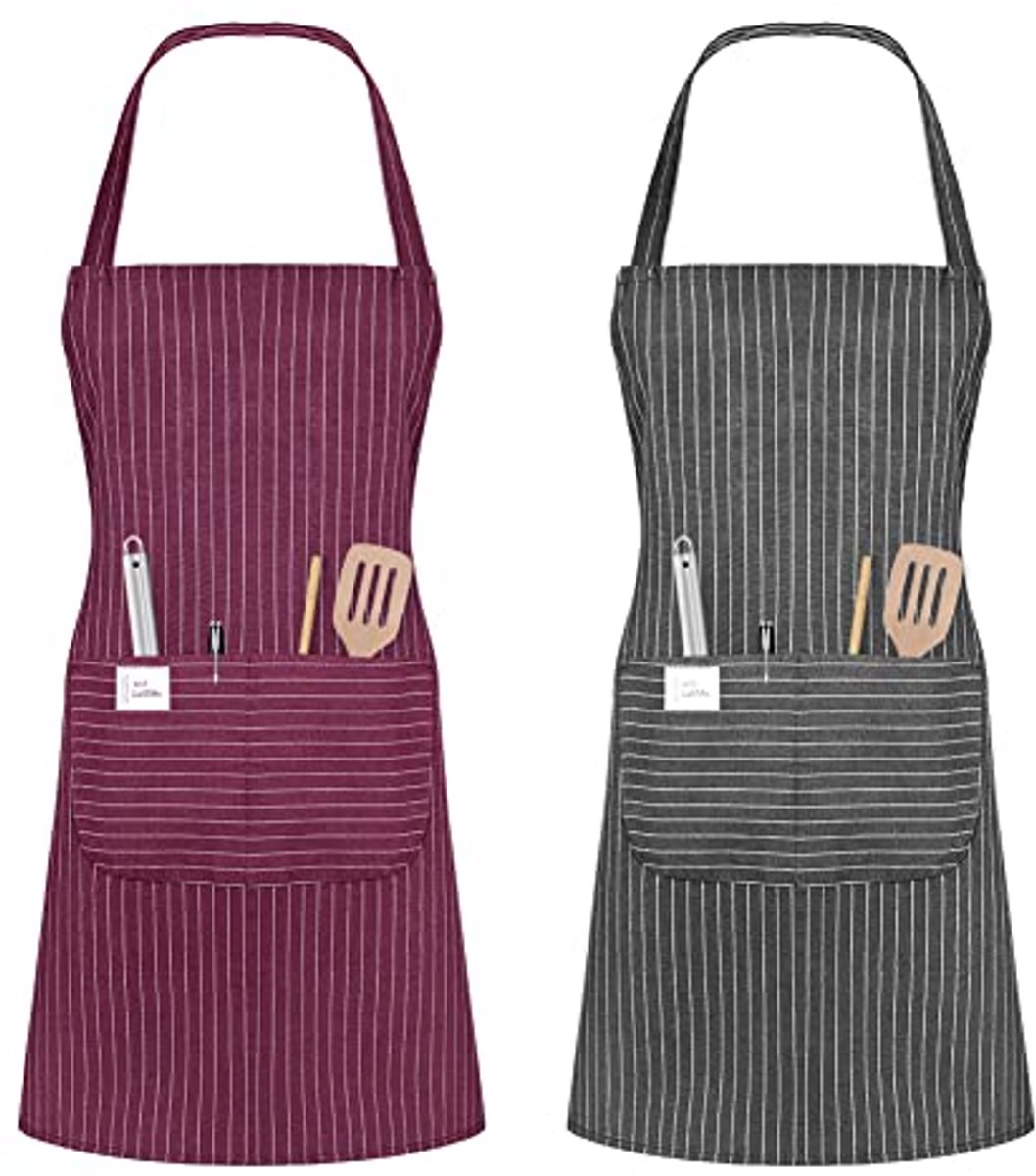 Ultiluxe® Kookschort - 2 Stuks - Keukenschort met Zakken - 70 x 66 cm - Verstelbaar - Voor mannen en vrouwen - Machinewasbaar - Grijs/rood/roze