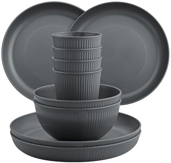 Ensemble de Vaisselle de Camping Ultiluxe® - 12 Pièces - Vaisselle de Pique-nique - Vaisselle de Camping - 4 Personnes - Vaisselle d'Extérieur - Empilable - Sans BPA - Grijs
