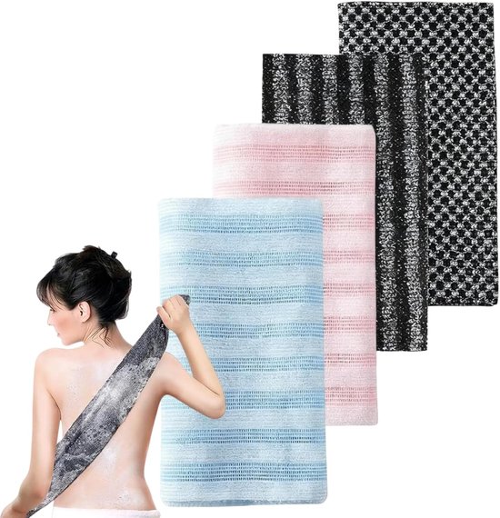 4 stuks - Antibacteriële Douchescrubs - Exfoliërende Handdoek - Lange Badhanddoek voor de Rug - 25x100cm - Zwart - Roze - Blauw - Voor een Gladde Huid