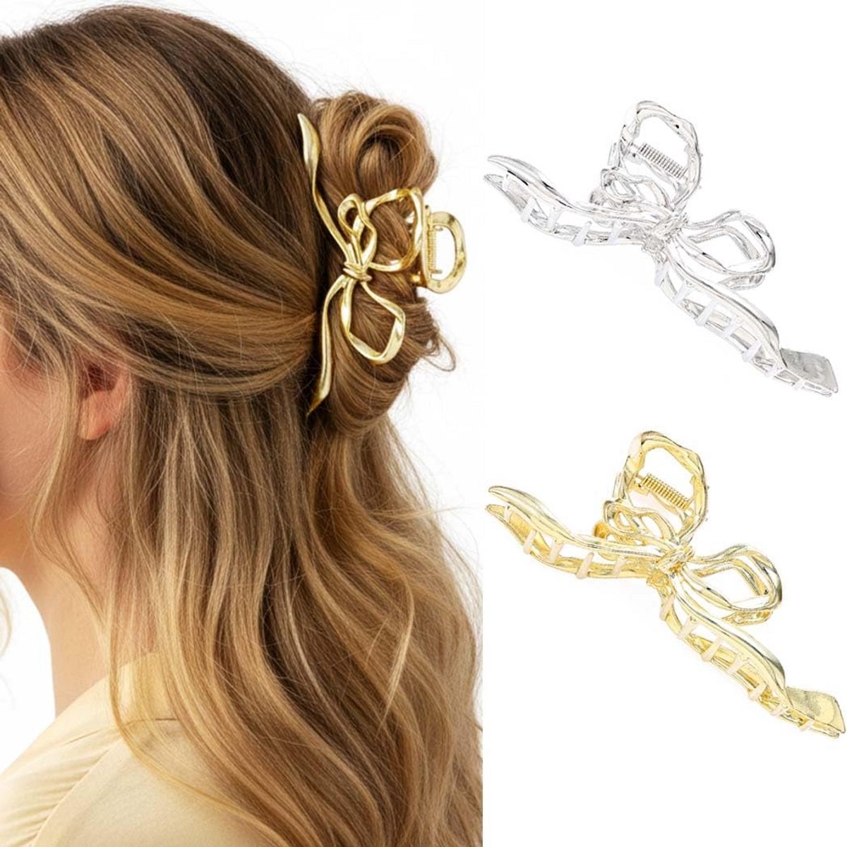 Grote Gouden Strik Haarspeld - Luxe Metalen Haarclip met Sterke Klem voor Dames