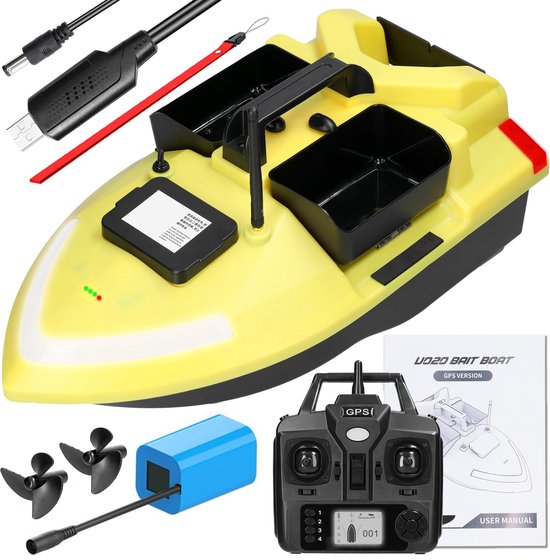 GPS Voerboot 500m 3 Bunkers - 40 Voerpunten - Dubbele Motor - Automatische Cruise/Terugkeer - Koersherstellling - LED Verlichting - 12000mAh - Geel — afbeelding 3