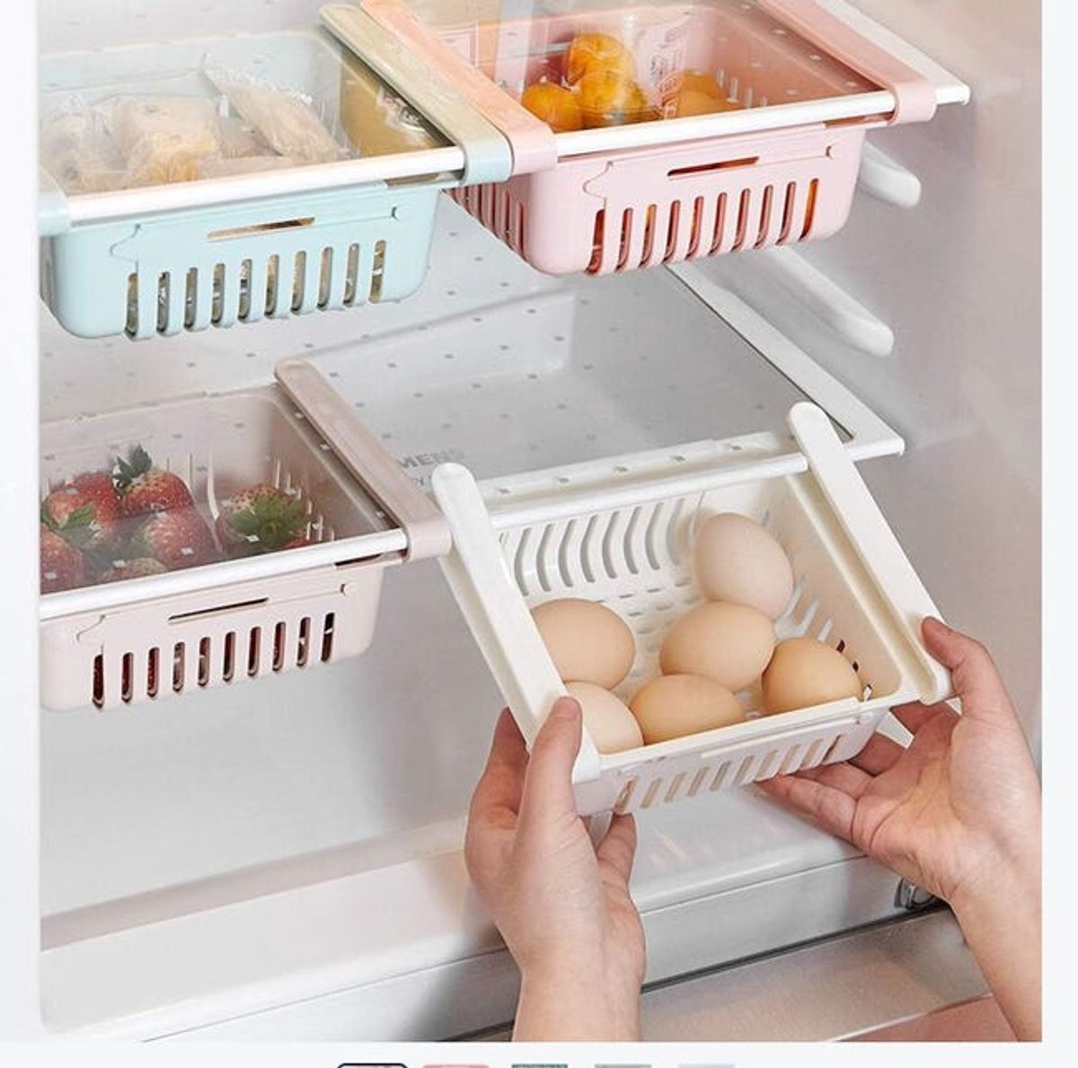 Een set van 4 uitschuifbare opbergdozen Geschikt voor de koelkast, geschikt Geschikt voor lades in koelkasten en vriezers.