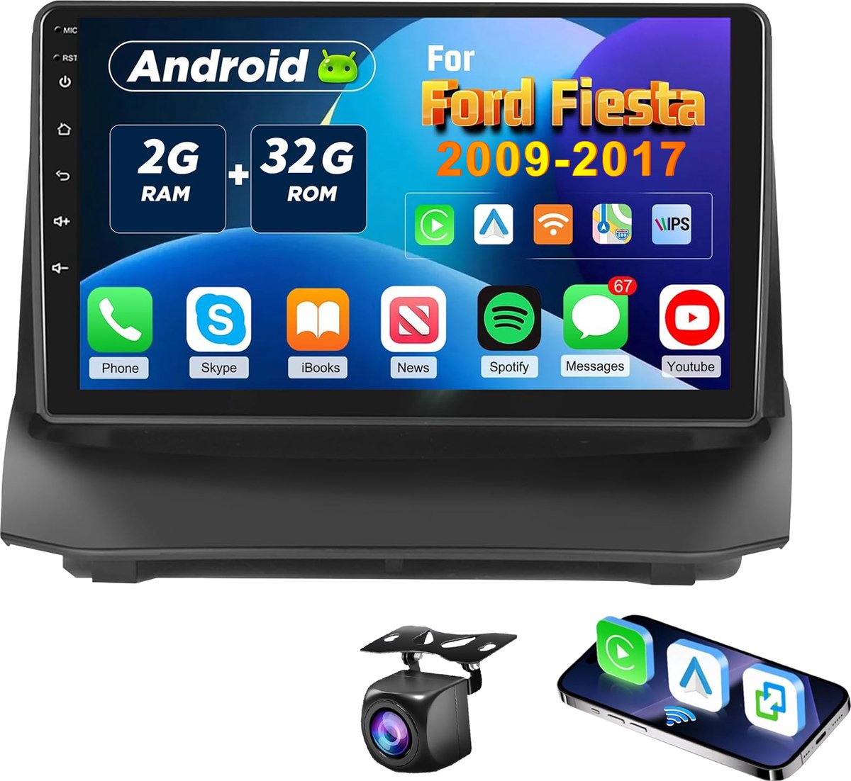 ESSGOO voor Ford Fiesta Carplay Autoradio - 2009-2017 - Android 15 2+32GB - 9" Touchscreen - GPS, Wifi, SWC - Achteruitrijcamera