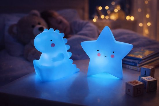 EasyMart Blauwe 2-delige kindernachtlamp set - dinosaurus en ster - LED nachtlamp voor babykamer en kinderkamer - warm wit licht - op batterijen van Merkloos — afbeelding 3