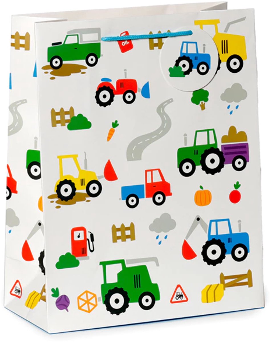 Cadeautas kind - maat L - Grote luxe A4 Geschenktas met kleine tractortjes - Cadeauzak - Geschenkzak - 26cmx12cmx33cm
