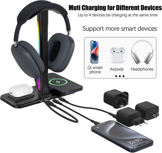 Headset Standaard met RGB Verlichting en Draadloze Oplader van Merkloos — afbeelding 2