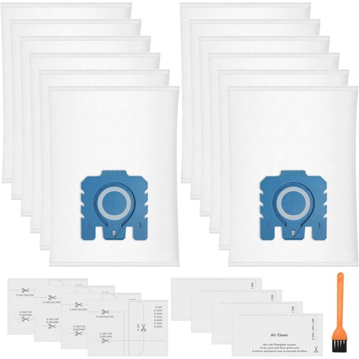 Verpakking van 12 Pure GN 3D-stofzakken - Geschikt voor Miele Hyclean GN Classic C1 Complete C2 Complete C3, S2 S5 S8 S800 S600 serie stofzuigers - inclusief 4 motorfilters en 4 uitlaatfilters.