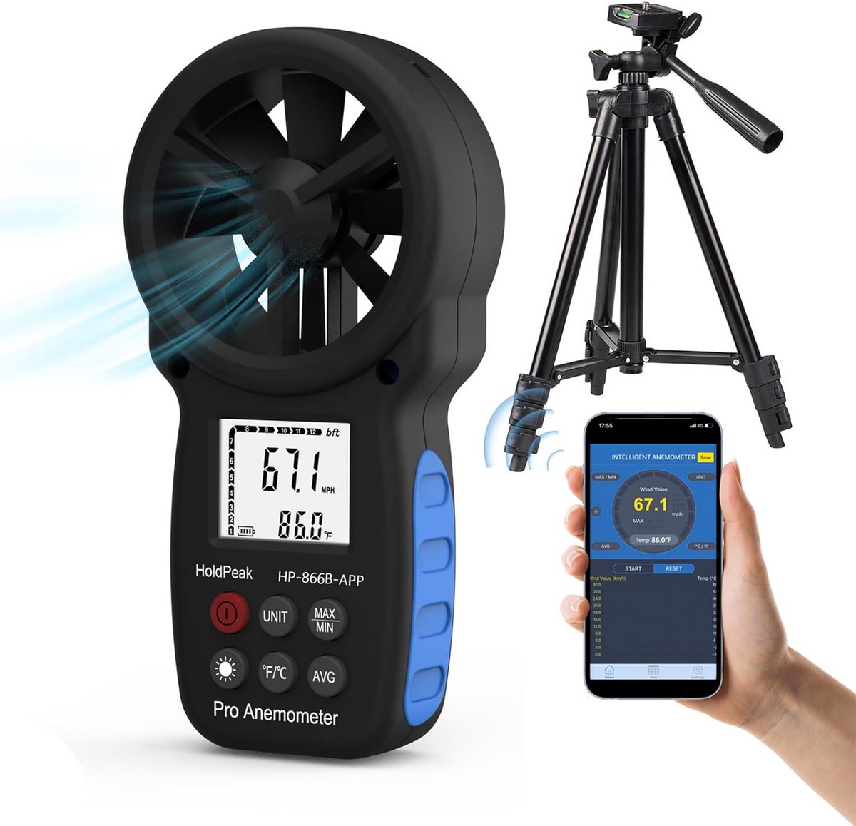 Draagbare Digitale Anemometer met Statief en Bluetooth voor Windsnelheid en Temperatuurmeting