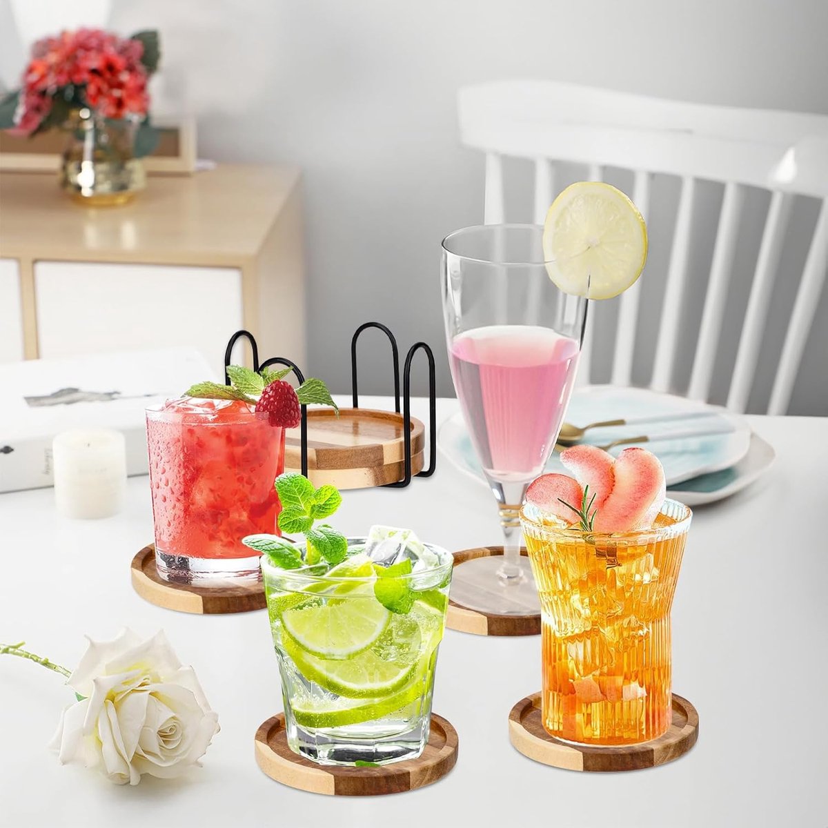 Set van 6 Houten Onderzetters met Houder – Acaciaboom voor Drankjes en Glazen
