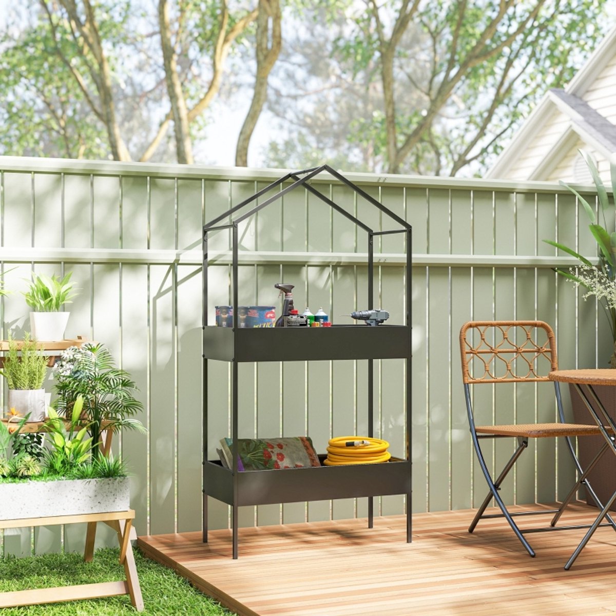 Wishdor - Plantenrek In Huisvorm - Met Haken En 2 Niveaus - Voor Balkon Of Tuin - Metaal - Zwart - 75 X 35 X 150 Cm