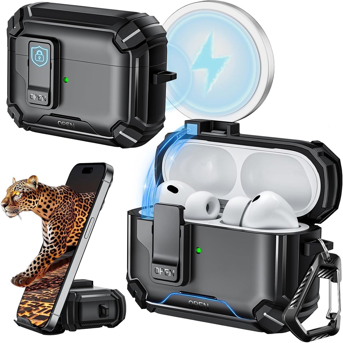 Gsedaox- Magnetische Automatische Vergrendelingsdeksel Hoesje- Geïntegreerde Telefoonstandaard - 360° Bescherming Tpu+Pc - Voor Airpods Pro 3 2025- Zwart